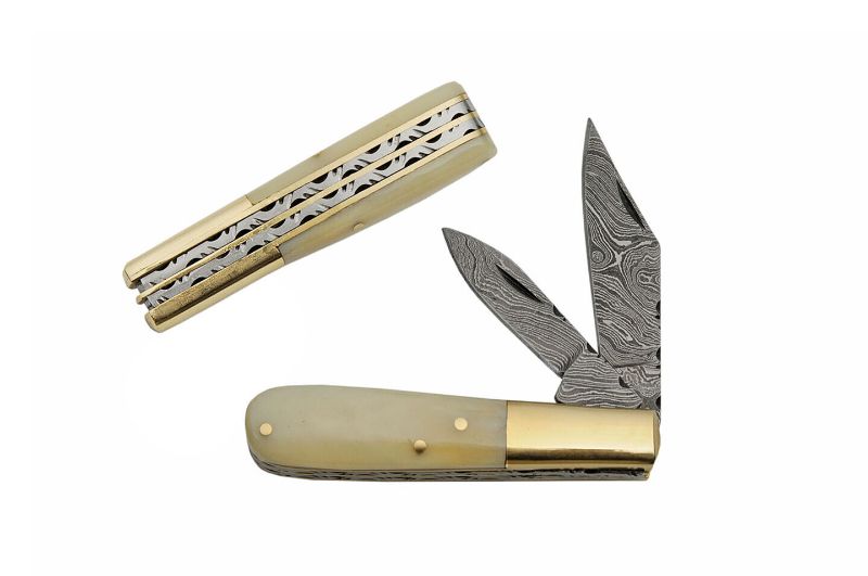 Photo 1 of 3.5" Barlo Bone Filew Damascus Pocket Knife 