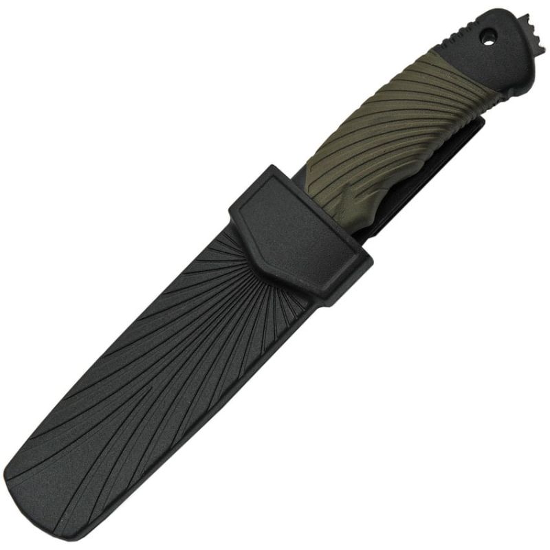 Photo 2 of Fixed Blade 9.5" overall 4.25" black finish stainless blade. Black plastic handle with green rubber onlay Glass breaker Lanyard hole Black plastic belt sheat