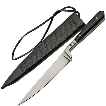 Photo 1 of Medieval Toothpick Horn 7 inch overall 3.75 inch satin finish stainless blade Horn handle Stainless guard Full tang Brown leather sheath