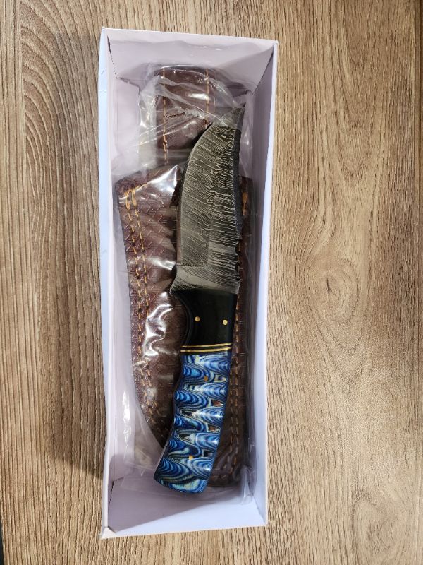 Photo 2 of SZCO Supplies DM-1302BL Wood/Horn Handle Damascus Steel Full Tang Outdoor Hunting Knife with Sheath, 8" Length