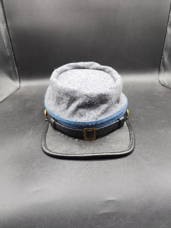 Photo 2 of Infantry Leather Peak kepi, Grey with Sky Blue Band Plain Kepi