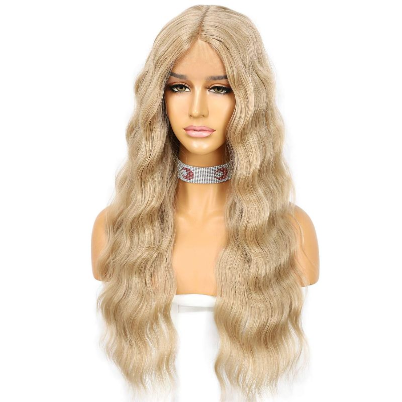 Photo 1 of ELESTY Lucyhairwig Synthetic Lace Front Wig Half Hand Tied Honey Blond Long Straight Glueless Heat Resistant Hair Middle Part Lace Front Wigs For Women
