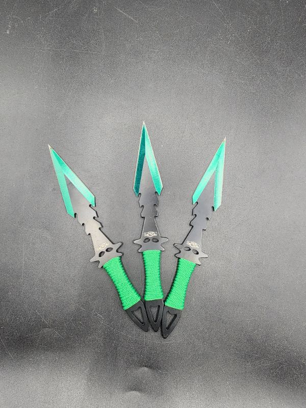 Photo 2 of 3-pc. Dagger Point Throwing Knives - Green 3" Blade 