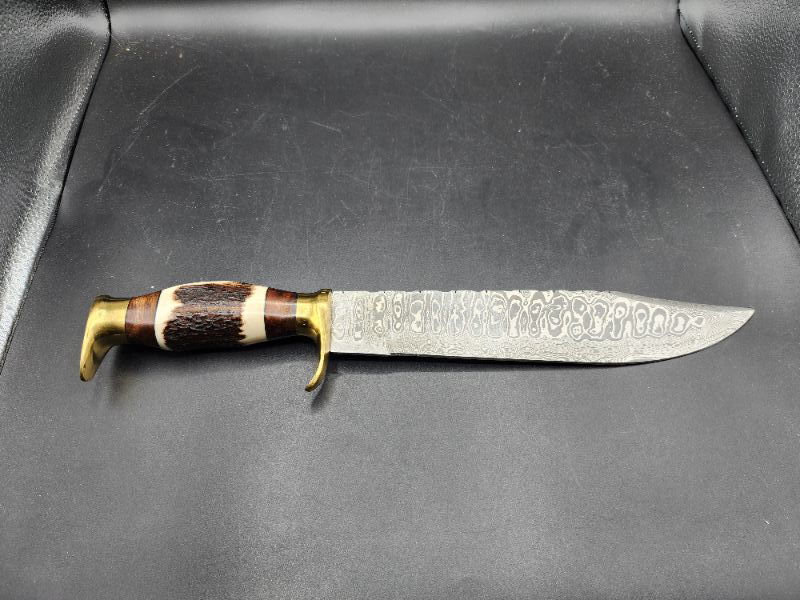 Photo 2 of 16.25" Damascus Steel Stag Bowie Knife 