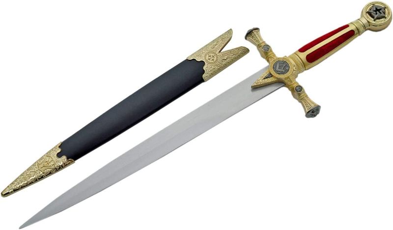 Photo 1 of 21" Medieval Masonic Replica Dagger with Decorative Handle and Scabbard, Gold/red Diaplay/ Prop New