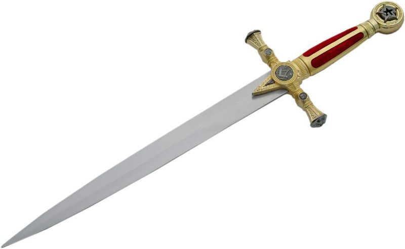 Photo 2 of 21" Medieval Masonic Replica Dagger with Decorative Handle and Scabbard, Gold/red Diaplay/ Prop New