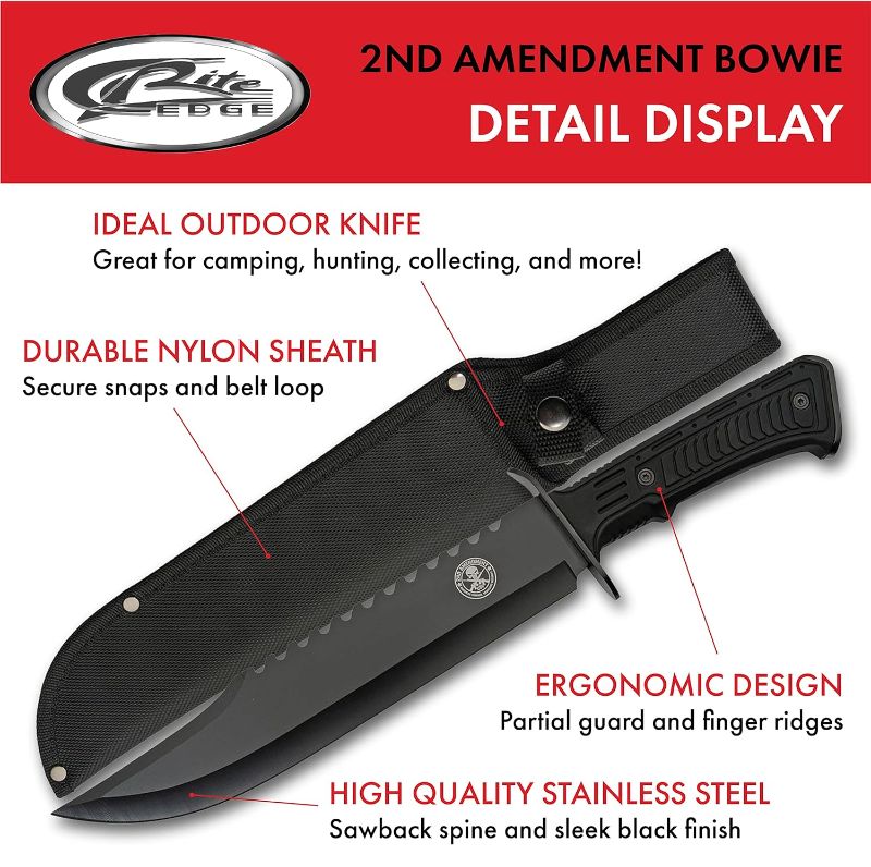 Photo 2 of 15” 2nd Amendment Rubberized Handle Sawback Bowie Blade Outdoor Survival Knife With Sheath
