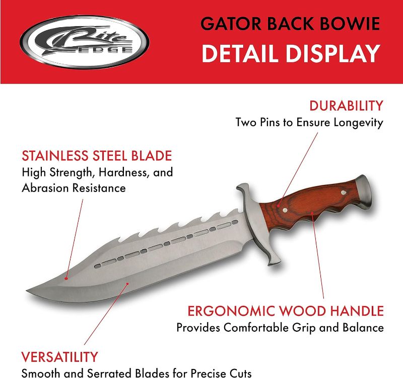 Photo 2 of 15" Gator Back Bowie Knife Stainless Steel Wood Handle with Sheath