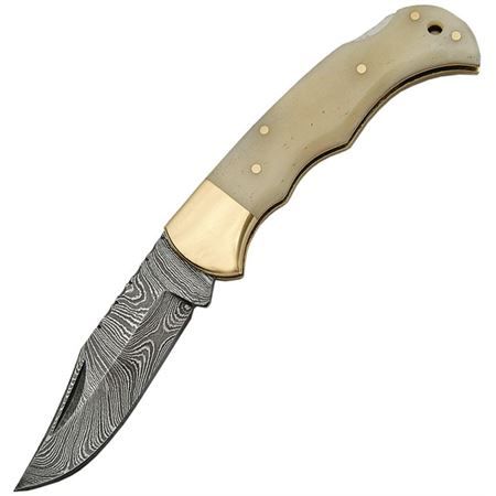 Photo 1 of 3.75" Damascus Camel Bone Lockback Folding Pocket Knife 