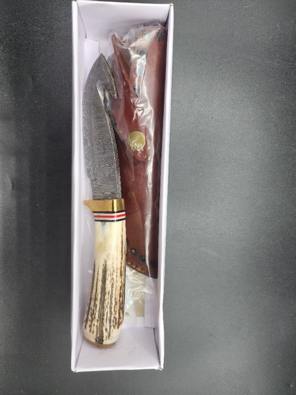 Photo 2 of  9.5" Steel Gut Hook Damascus Skinning Knife with Sheath