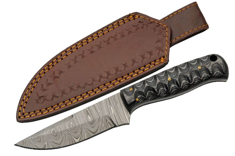 Photo 1 of 8" Black Grooved Damascus Steel Blade | Wooden Handle Hunting Knife