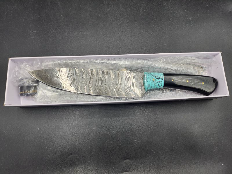 Photo 2 of Chef Knife 12.5In Damascus Steel Blade Black Horn/Turquoise + Leather Sheath