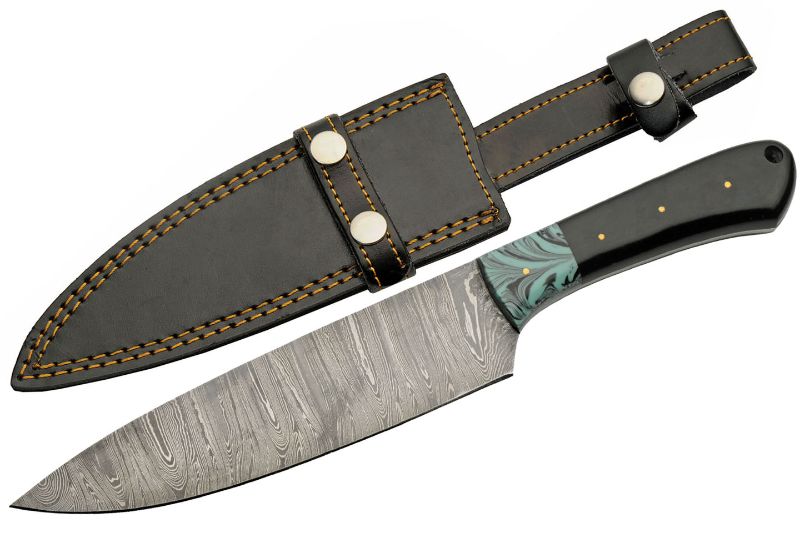 Photo 1 of Chef Knife 12.5In Damascus Steel Blade Black Horn/Turquoise + Leather Sheath