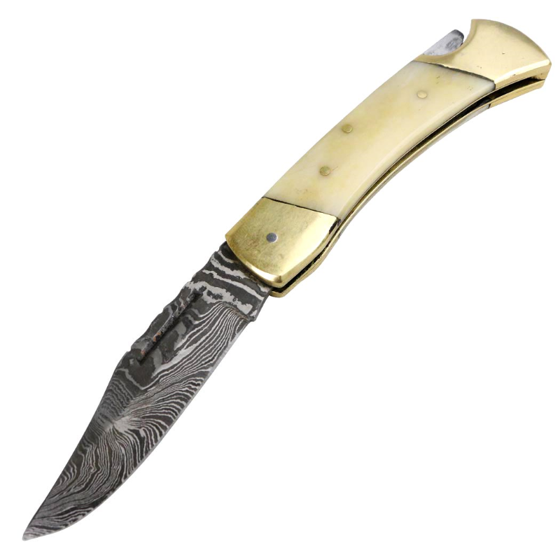 Photo 1 of 3.25" Bone Brass Damascus Folding Knife 