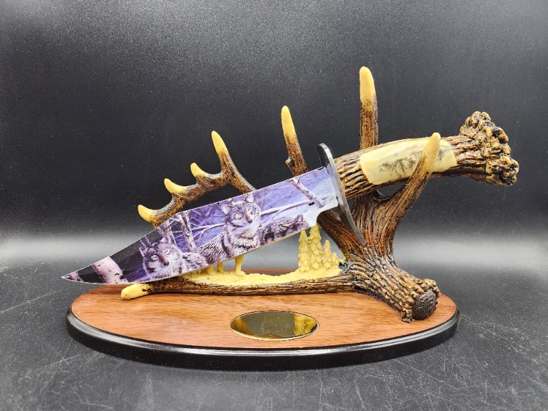 Photo 1 of Display Wolf Bowie Knife with Deer Antler Stand