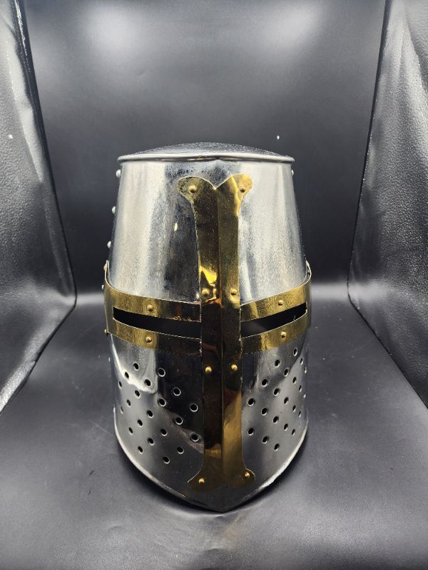 Photo 1 of Medieval Knight Crusader Armour Helmet | Silver Finish Sugarloaf and Brass Design Templar Helmet