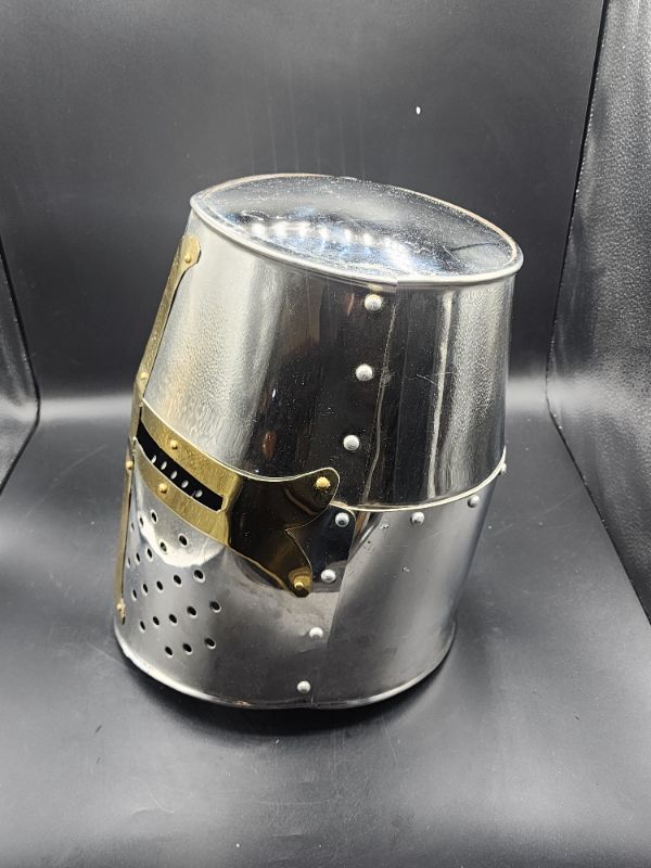 Photo 2 of Medieval Knight Crusader Armour Helmet | Silver Finish Sugarloaf and Brass Design Templar Helmet