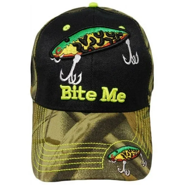 Photo 1 of Bite Me Fishing Lure Fish Bass Black Front Camouflage Cap