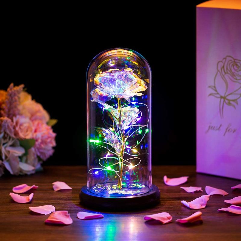 Photo 1 of Galaxy Flower Rose in Glass Dome, Glass Rose Flower Gift, Artificia Rose with Led Light, Idea Birthday Gift for Mother, Wife, Daughter, Grandma (Colorful)