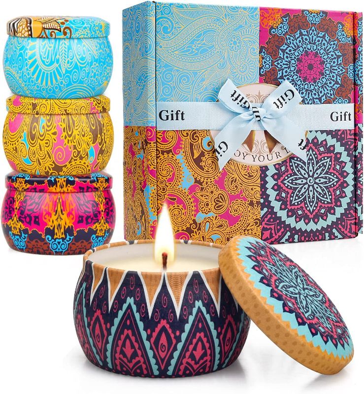 Photo 1 of 4 Pack Scented Candles Gifts Set for Women, 4.4 oz Soy Wax Portable Travel & Home Tin Jar Candles with Essential Oils for Bath, Stress Relief, Yoga Aromatherapy Candles with Strong Fragrance
