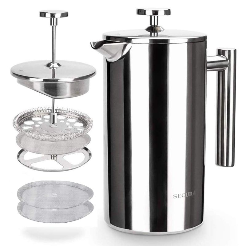 Photo 1 of Secura French Press Coffee Maker, 304 Grade Stainless Steel Insulated Coffee Press with 2 Extra Screens, 34oz (1 Litre), Silver Silver 34 oz