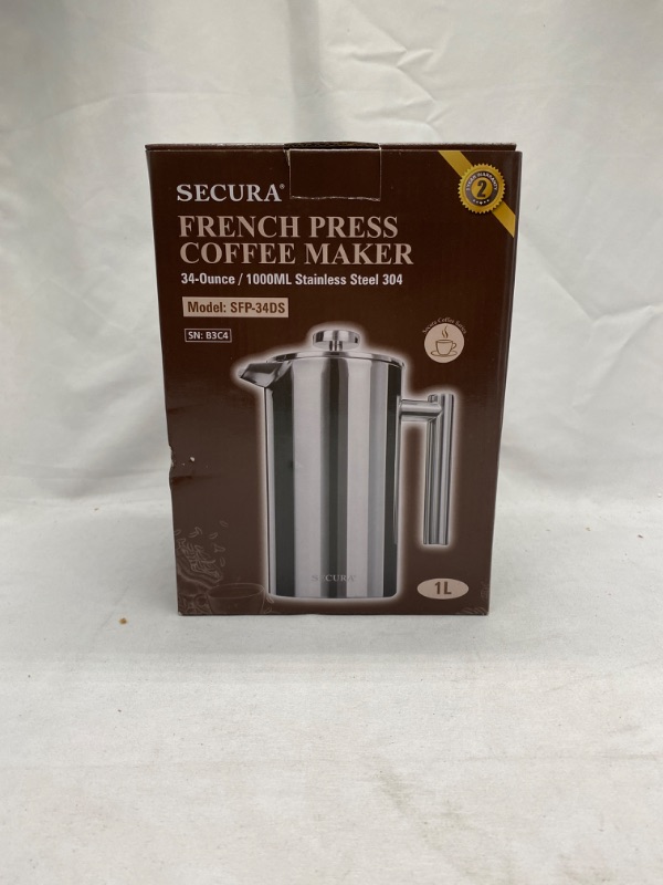 Photo 2 of Secura French Press Coffee Maker, 304 Grade Stainless Steel Insulated Coffee Press with 2 Extra Screens, 34oz (1 Litre), Silver Silver 34 oz