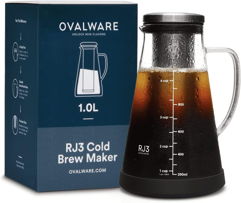 Photo 1 of Airtight Cold Brew Iced Coffee Maker and Tea Infuser with Spout - 1.0L / 34oz Ovalware RJ3 Brewing Glass Carafe with Removable Stainless Steel Filter
