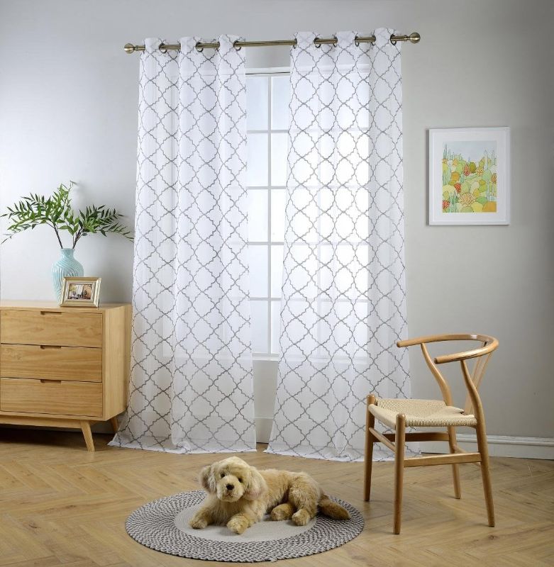 Photo 1 of MIUCO White Sheer Curtains Embroidery Trellis Design Grommet Curtains 63 Inches Long for Bedroom 2 Panels (2 x 37 Wide x 63" Long) White/Silver Embroidery