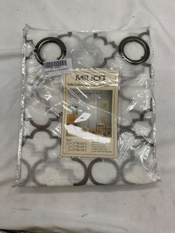 Photo 2 of MIUCO White Sheer Curtains Embroidery Trellis Design Grommet Curtains 63 Inches Long for Bedroom 2 Panels (2 x 37 Wide x 63" Long) White/Silver Embroidery