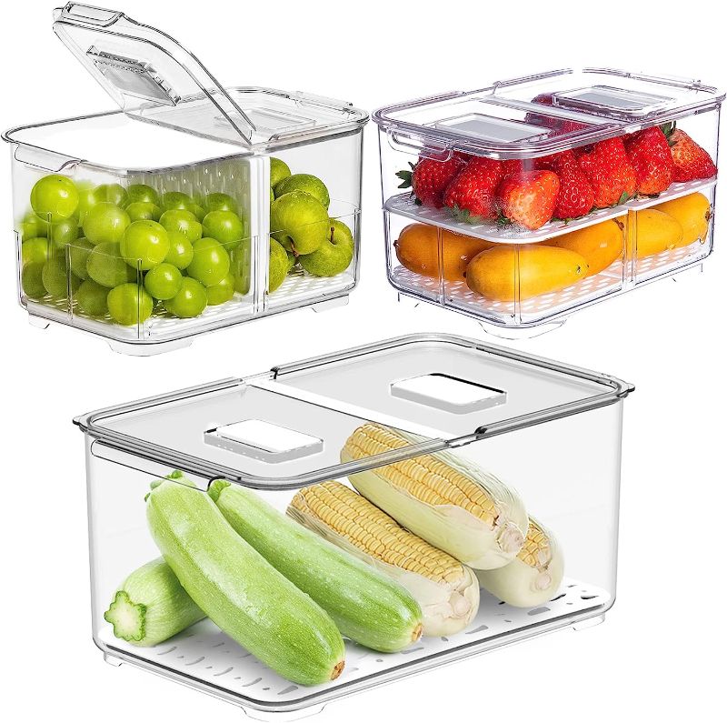 Photo 1 of Large Fruit Vegetable Storage Container with Folding Lids,3 Pack Produce Saver with Vents Stackable Fridge Drawers Organizer Salad Lettuce Keeper For Refrigerator,Bpa-Free Fresh Keeper,9L&5.7L&2.8L