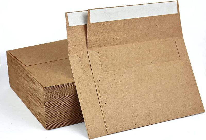 Photo 1 of AZAZA 100 Pack A7 Brown Kraft Paper Invitation 5 x 7 Envelopes - Quick Self Seal For 5x7 Cards| Perfect for Weddings, Invitations, Baby Shower| Stationery For General, Office | 5.25 x 7.25 Inches