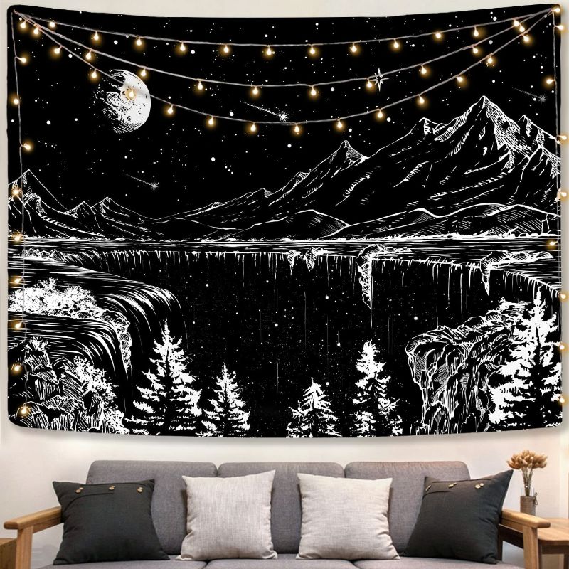 Photo 1 of Zussun Black and White Tapestry Starry Night Mountain Tapestries for Bedroom Aesthetic Moon and Stars Tapastry's Wall Hanging Dark Nature Forest Wall Tapestry for Living Room Dorm (Black, 48'' × 36'') (2 pcs)