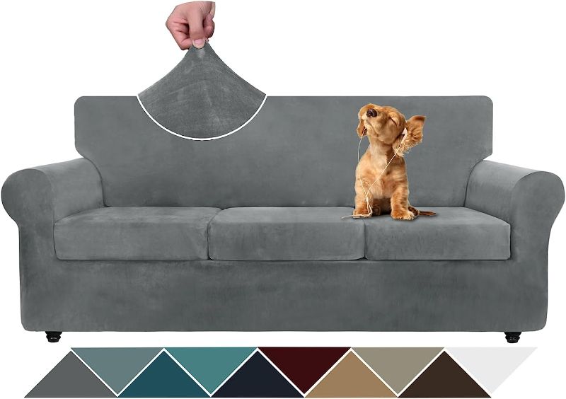 Photo 1 of ZNSAYOTX Luxury Velvet Couch Cover 4 Piece Stretch Sofa Covers for 3 Cushion Couch Thick Soft Spandex Sofa Slipcover Living Room Anti Slip Dogs Pet Furniture Protector (Grey), 71"-91"(3 Cushions)