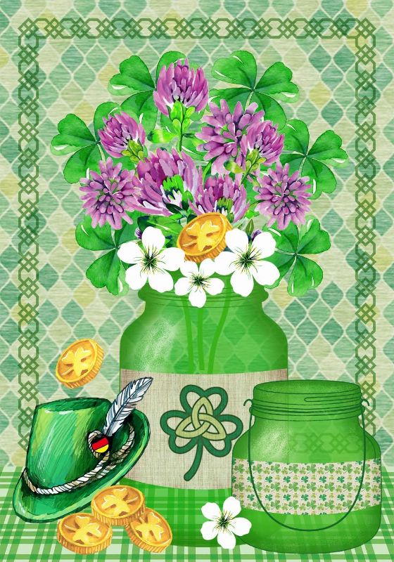 Photo 1 of Texupday Mason Jar Clover Shamrock Floral Decoration St. Patrick's Day Hat Gold Coins House Flag Outdoor Yard Flag 28" x 40"
