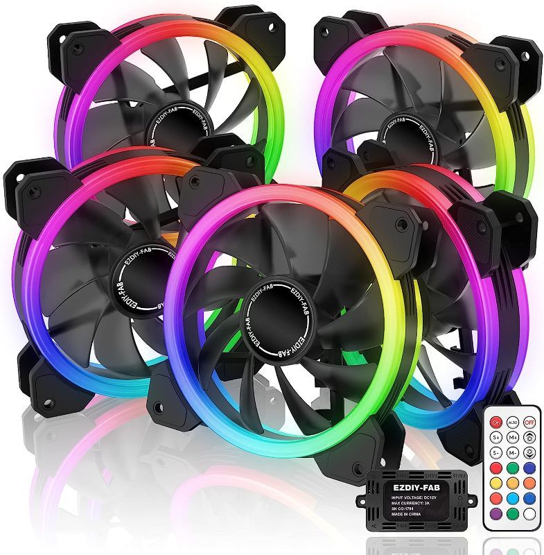 Photo 1 of EZDIY-FAB Dual Ring 120mm RGB Case Fan 5-Pack,Quiet Edition High Airflow Adjustable Color LED Case Fan for PC Cases, CPU Coolers with Remote Controller