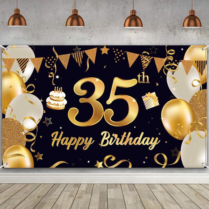 Photo 1 of (2 PACK) Happy 35th Birthday Party Decorations, Extra Large Black Gold 35th Birthday Party Banner Photo Backdrop Background for Men Women 35th Birthday Anniversary Party Decor Supplies 72.8 x 43.3 Inch