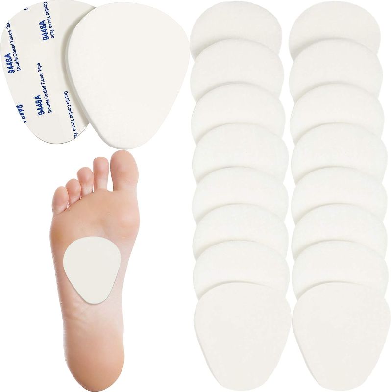 Photo 1 of 20 Pieces Metatarsal Felt Pads Foot Insert Pads Ball of Foot Cushion for Foot Pain Relief Forefoot and Sole Adhesive Foam Foot Pad for Men and Women 1/4 Inches Thick (White)