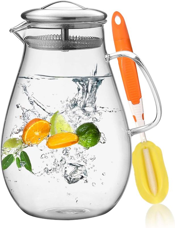 Photo 1 of Hiware 64 Ounces Glass Pitcher with Lid/Water Pitcher with Handle - Good Beverage Carafe Pitcher for Juice, Milk, Beverage, Hot/Cold Water & Iced Tea, Cleaning Brush Included