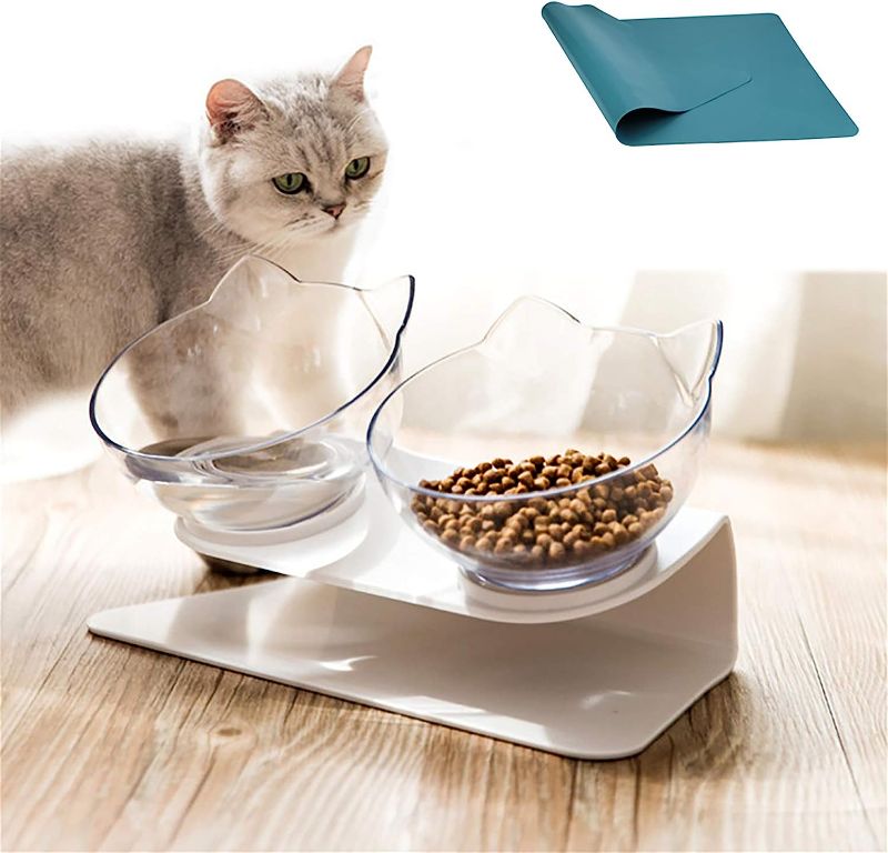 Photo 1 of 15°Elevated Cat Food Bowls with Silicone Pet Mat, Double Raised Cat Transparent Plastic Bowl with Stand, Stress-Free Suit for Cats and Small Dogs, Anti Vomiting cat Bowl, Cute Cat Face Bowl