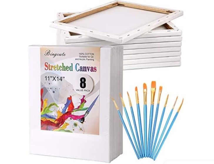 Photo 1 of Canvas Boards for Painting 11x14, Pre Stretched Canvas Blank White Value Pack of 8 Primed Canvases Panels 5/8”Thick 100% Cotton for Acrylics Oil Painting with 10pcs Brushes for Adults Kids