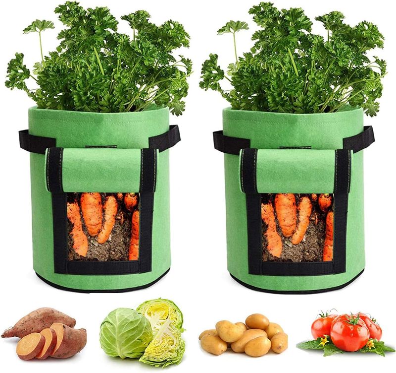 Photo 1 of Potato Grow Bags, KUONY 2 Pack 10 Gallon Upgrade Black Plant Grow Bag with Flap & Handles, Breathable Non-Woven Fabric Planter Pots Planting Fruit, Vegetable, Flower for Indoor & Outdoor (10 Gallon)