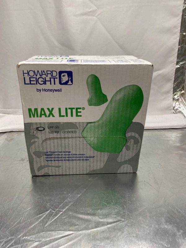 Photo 2 of Howard Leight by Honeywell Maximum Lite Low Pressure Corded Disposable Foam Earplugs, Box of 100 Pairs (LPF-30) ,Green