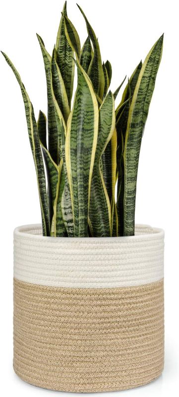 Photo 1 of Woven Cotton Rope Plant Basket for Flowers Pot Jute Small Planter Basket Decorative Indoor Plants Pot Cover for Crafts, Toys, Towels, Home Decor and Storage Organizer 10"x9.8"