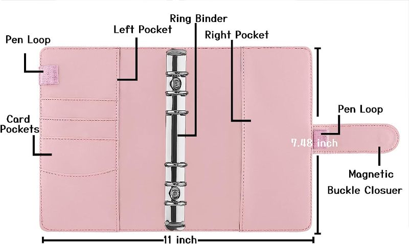 Photo 1 of Antner A6 PU Leather Notebook Binder Refillable 6 Ring Budget Binder for A6 Filler Paper, Loose Leaf Personal Planner Binder Cover with Magnetic Buckle, Pink
