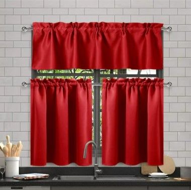 Photo 1 of DWCN 3 Piece Blackout Kitchen Curtain Set Rod Pocket Top Kitchen Window Curtain - Thermal Insulated Energy Saving, W60 x L18 Valance, 2 Panels of W32 x L36 inch Tiers, Red
