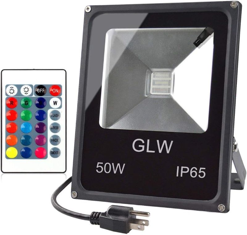 Photo 1 of GLW RGB LED Flood Lights,50W Outdoor Super Bright Spotlight,High Power 16 Colors Remote Control Floodlight,4 Modes with US 3-Plug,IP65 Waterproof Spotlight for Stage,Yard