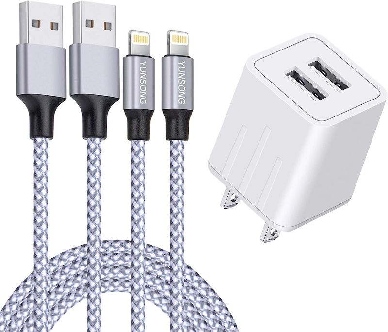 Photo 1 of iPhone Charger, YUNSONG Nylon Braided Lightning Cable 2Pack 6ft Data Sync Transfer Cord 2-USB Rapid Charging Plug Wall Charger Compatible with iPhone 13 12 11 Pro Max XS XR X
