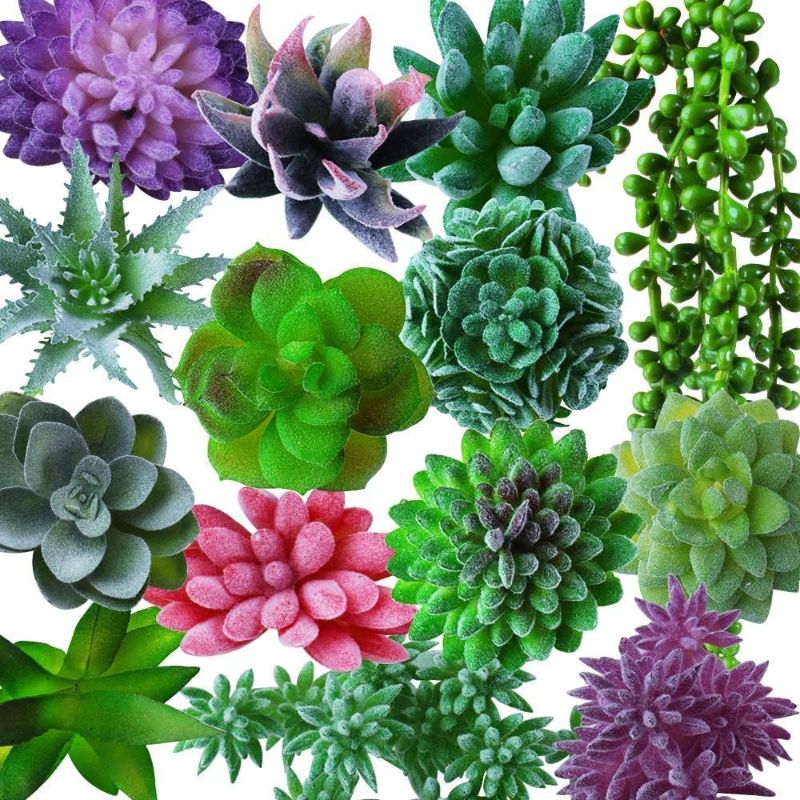 Photo 1 of Outee 14 Pcs Fake Succulents Plants Artificial Succulents Assorted Faux Succulents in Bulk Artificial Hanging Succulents Flocking Texture Bouquet String of Pearls Succulent Decor