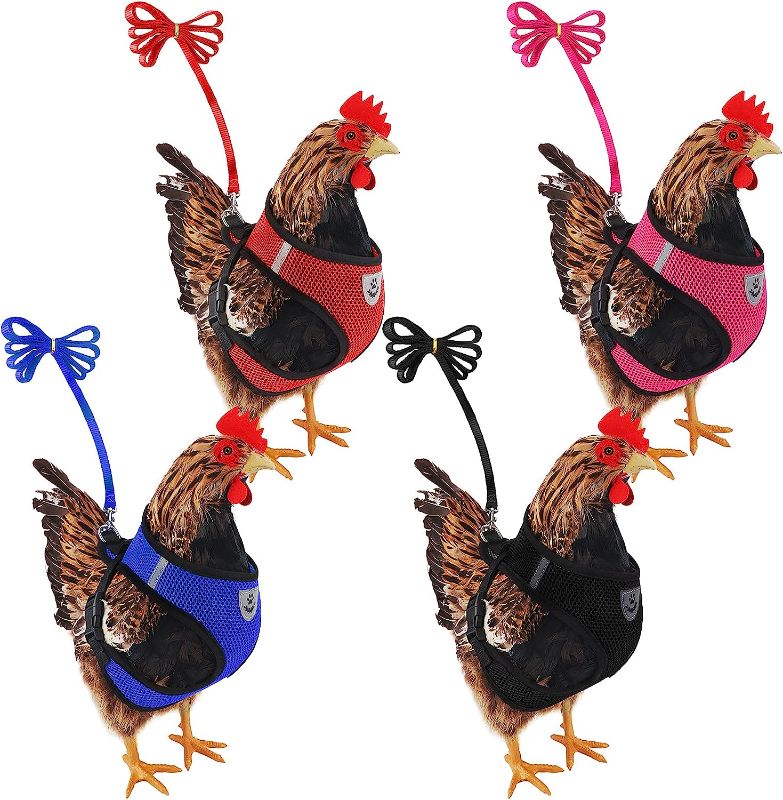 Photo 1 of Aodaer 4 Pieces Adjustable Chicken Harness with Leash and Breathable Pet Vest in 4 Colors Comfortable Hen Pet Vest Breathable Chicken Training Harness for Chicken, Duck or Goose Training Walking (S)