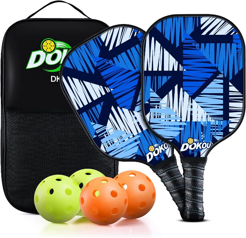 Photo 1 of DOKOU Pickleball Paddles, Pickleball Paddle with Fiberglass Face and Polypropylene Honeycomb Core, Pickleball Paddle Set of 2 with 1 Bag and 4 Pickleballs